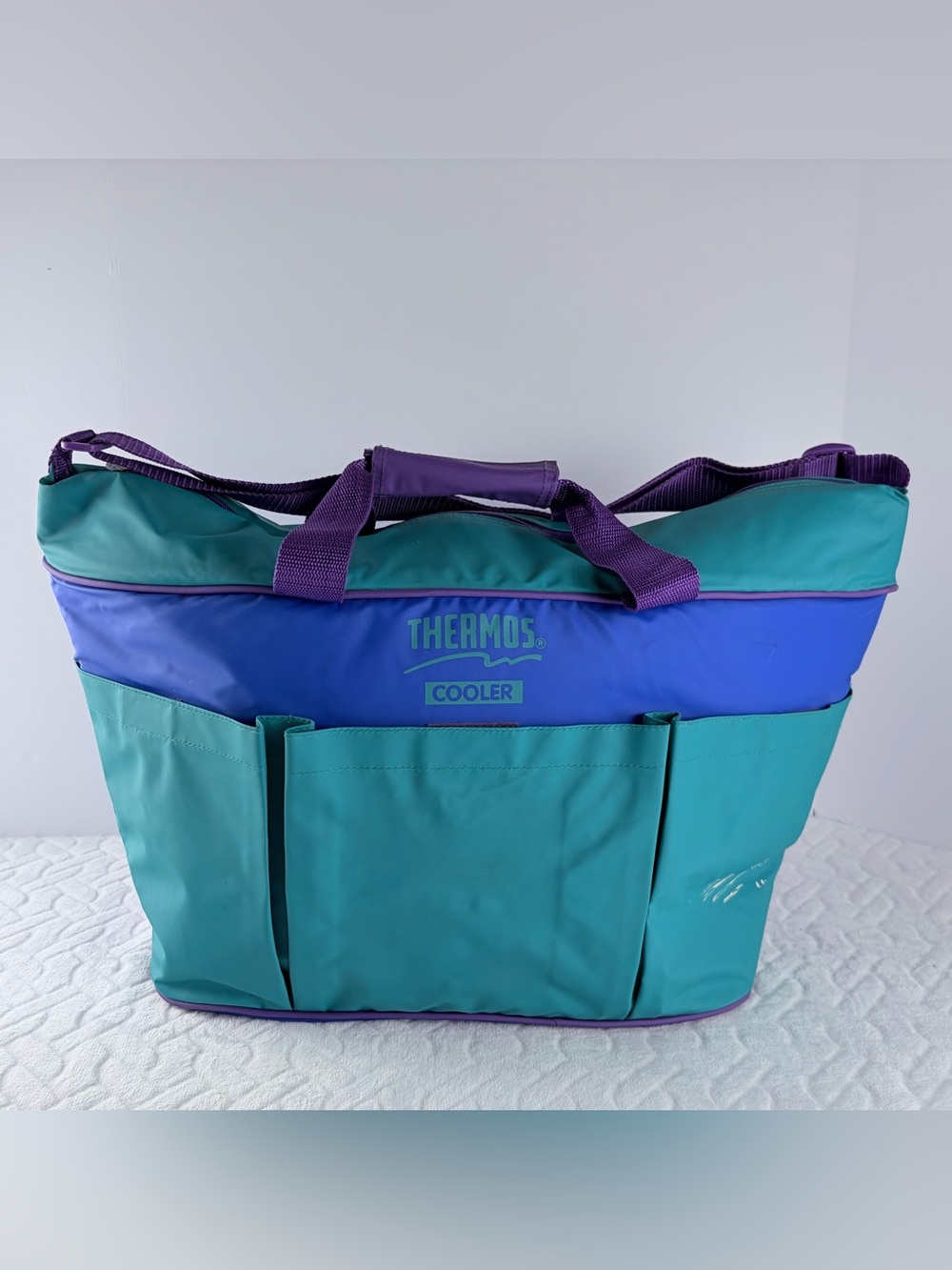 Vintage 80s 90s Thermos colorblock extra large blue purple cooler bag